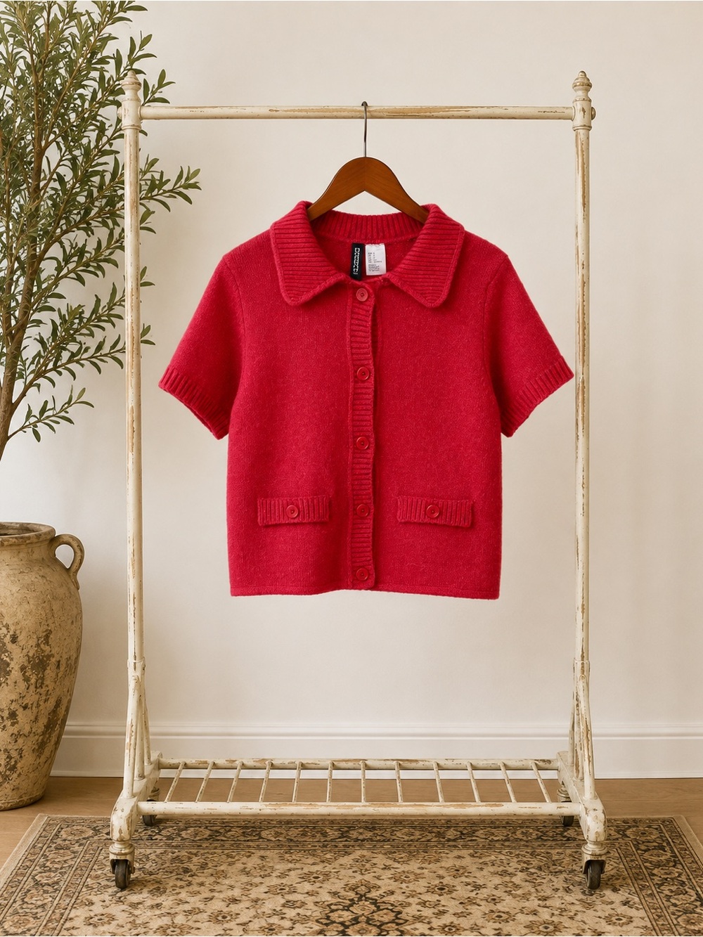 Red Sweater Cropped Cardigan for Women with Buttons